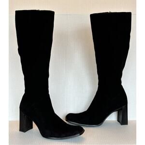 Carlos Falchi Womens‎ 8.5 Black Suede Leather Knee High Boots Sexy Elegant Block